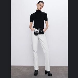 Zara Textured Weave Turtleneck Sweater with Pearl Button